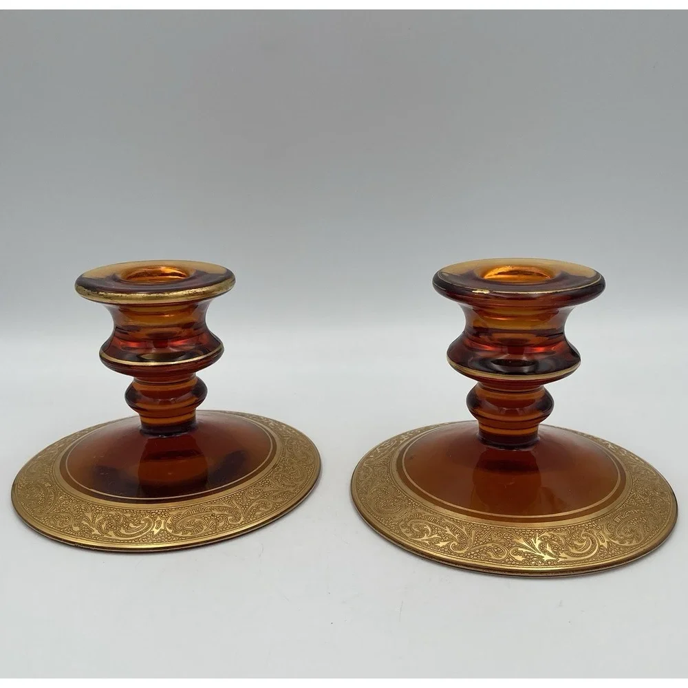 Vtg. Amber Glass Candle Holders Candlestick Pair Gold Encrusted Base Trim 1920's